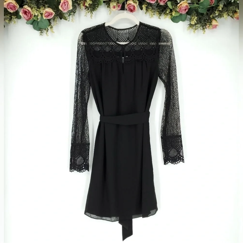 REISS Callista Lace Sleeve Belted Black Dress Size 0 - Picture 1 of 8